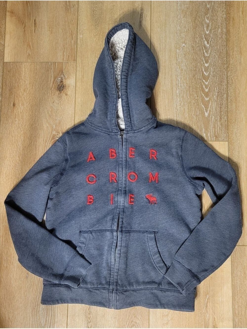 Abercrombie Kids Hoodie Size 13/14 XL Blue Sherpa Lined Full Zip Logo